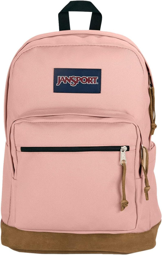 JanSport Right Pack Backpack - Travel, Work, or Laptop Bookbag with Suede Leather Bottom with Water Bottle Pocket, Misty Rose