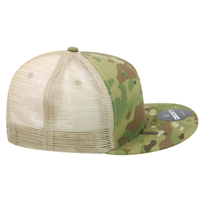 High Crown Multi Camo Trucker Snapback Cap, Camo/Khaki Adjustable Hat