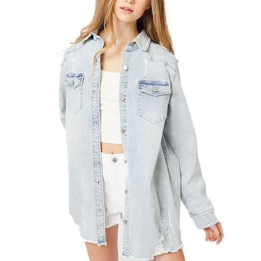 Women's Washed distressed Light Denim long shirt