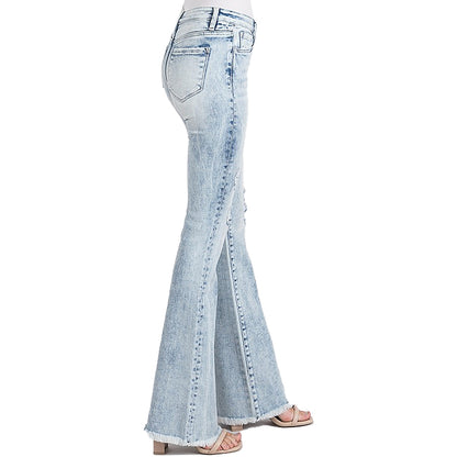 Women's Stretch Denim acid washed Ripped flare jeans