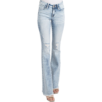 Women's Stretch Denim acid washed Ripped flare jeans